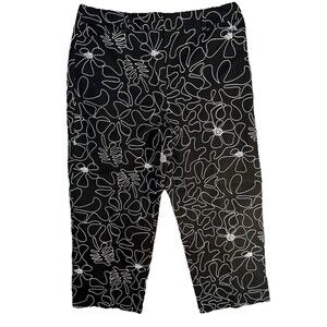 Vintage Talbots Women’s 8 Black Cropped Pants White Embroidered Floral Cotton